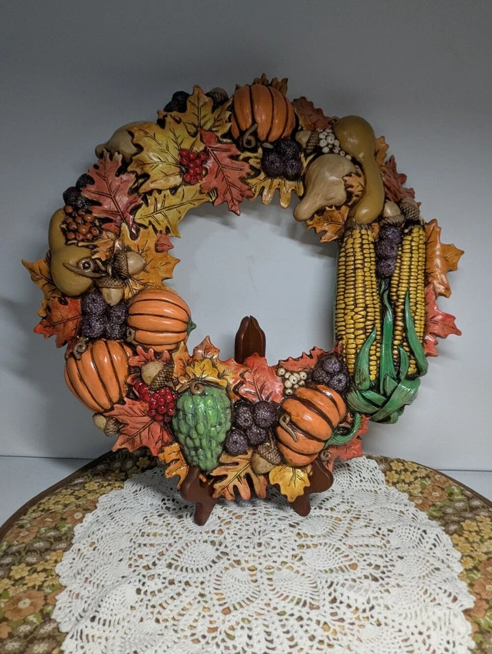Vintage Ceramic Wreath Fall Decoration Autumn Colors Leaves Pumpkins Corn